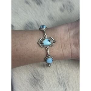 Native Sterling Silver Blue Golden Hills Triple Turquoise Handmade Link Bracelet